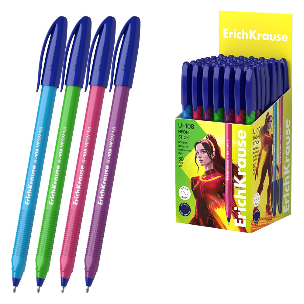 Изображение товара Ручка шариковая ErichKrause U-108 Stick Neon 1. 0 с Ultra Glide Technology - набор 50 шт.