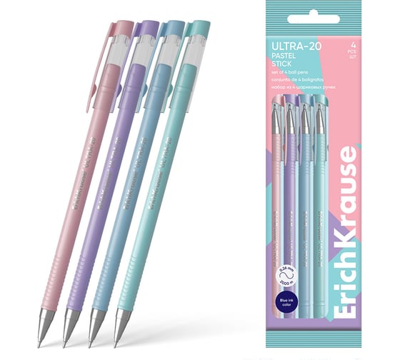 Изображение товара Набор ErichKrause из 4 ручек шариковых Ультра-20 Пастель 0,7, технология суперскольжения, цвет чернил синий 61031