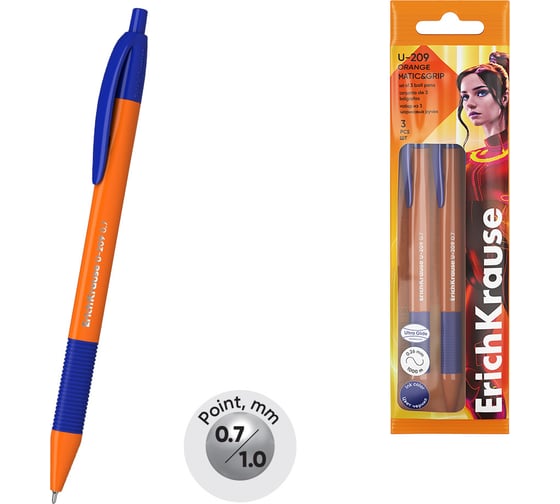 Изображение товара Набор из 3 ручек шариковых автоматических ErichKrause U-209 Matic Grip Orange 0.7, Ultra Glide Technology, цвет чернил синий (в пакете) 61080