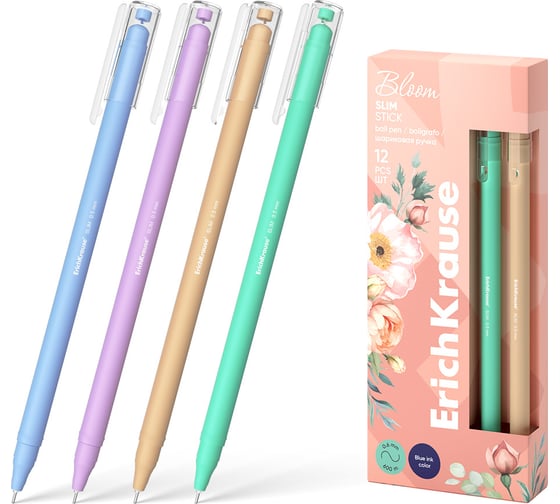 Изображение товара Ручка шариковая ErichKrause Slim Stick Pastel Bloom 0.7, цвет чернил синий (в коробке по 12 шт.) 61047