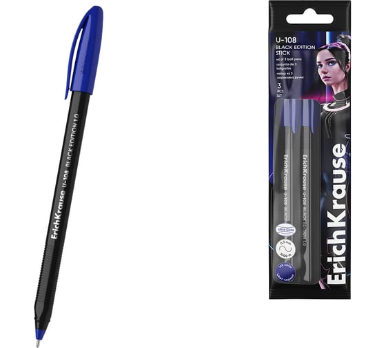 Изображение товара Набор из 3 ручек шариковых ErichKrause U-108 Stick Black Edition 1.0, Ultra Glide Technology, цвет чернил синий (в пакете) 61021