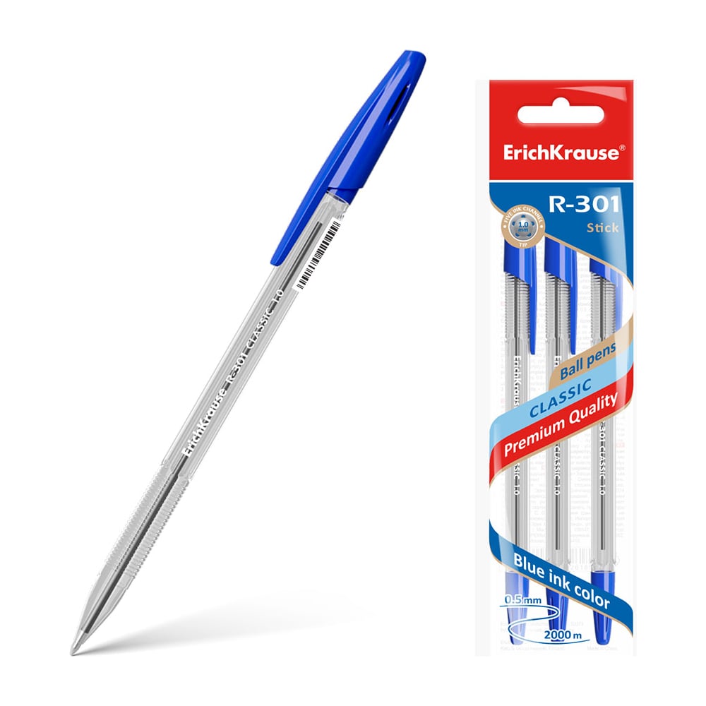 Изображение товара Набор из 3 ручек шариковых ErichKrause R-301 Stick Classic 1.0, цвет чернил синий (в пакете) 42618