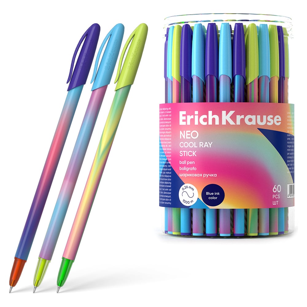 Изображение товара Ручка шариковая ErichKrause Neo Stick Cool Ray 0.7, Super Glide Technology, цвет чернил синий (в тубусе по 60 шт.) 61012