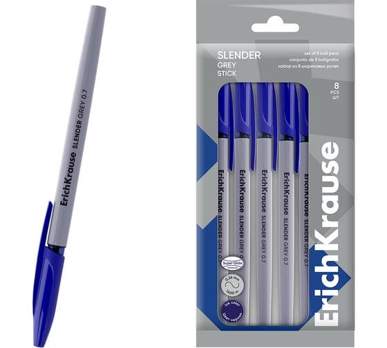 Изображение товара Набор из 8 ручек шариковых ErichKrause Slender Stick Grey 0.7, Super Glide Technology, цвет чернил синий (в пакете) 63679