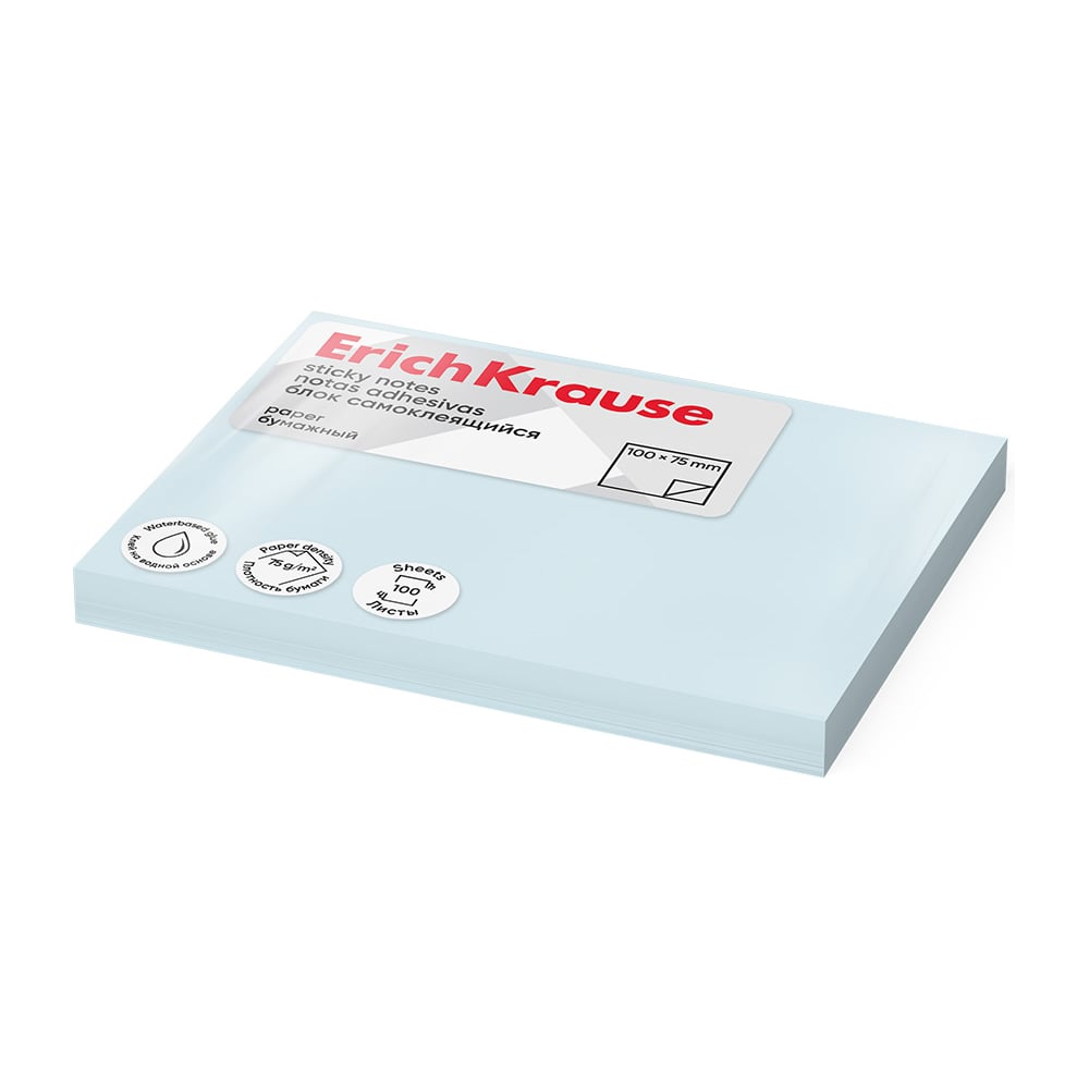 Изображение товара Самоклеящийся бумажный блок ErichKrause 100x75 мм, 100 листов, голубой