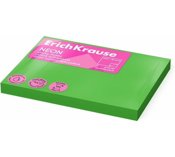 Изображение товара Блок самоклеящийся бумажный ErichKrause Neon, 100x75 мм, 100 листов, зеленый 61721