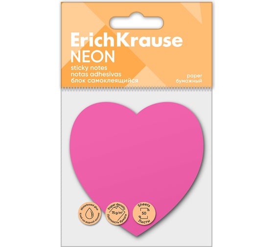Изображение товара Блок самоклеящийся бумажный ErichKrause Heart Neon, 50 листов, розовый 61725