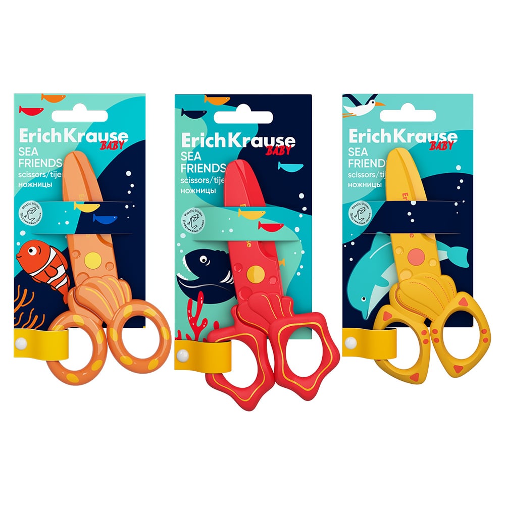 Изображение товара Ножницы ErichKrause пластиковые Sea Friends, 12 см, ассорти в блистере по 1 шт 60867