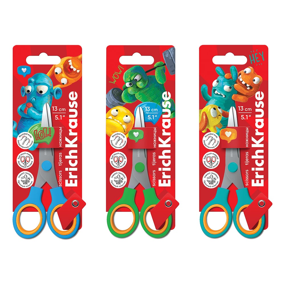 Изображение товара Ножницы ErichKrause Junior Softy Jolly Friends, 13 см, ассорти в блистере по 1 шт 60865