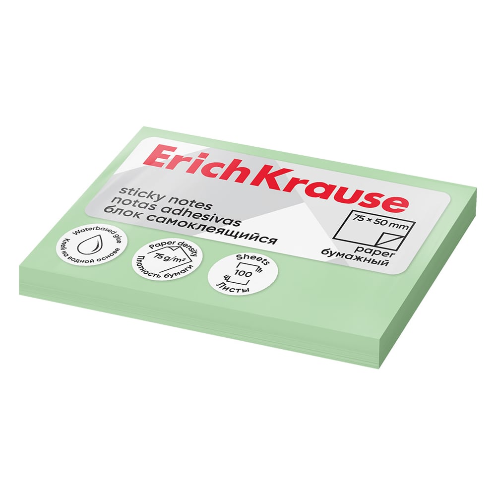 Изображение товара Самоклеящийся бумажный блок ErichKrause 75х50 мм 100 листов зеленый
