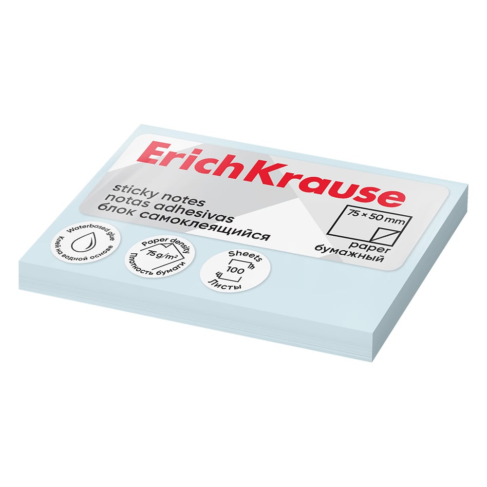 Изображение товара Самоклеющийся бумажный блок 75x50 мм голубой 100 листов ErichKrause