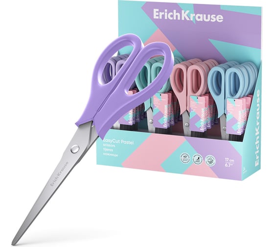 Изображение товара Ножницы ErichKrause EasyCut Pastel, 17 см, ассорти в дисплее по 24 шт 60874