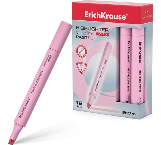 Изображение товара Текстмаркер ErichKrause Visioline V-17 Pastel, цвет чернил розовый в коробке по 12 шт 56021