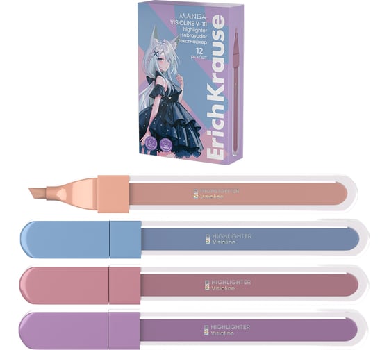 Изображение товара Набор из 4 текстмаркеров ErichKrause Visioline V-18 Manga, цвет чернил: фиолетовый, розовый, бежевый, голубой в пэт-боксе 60813