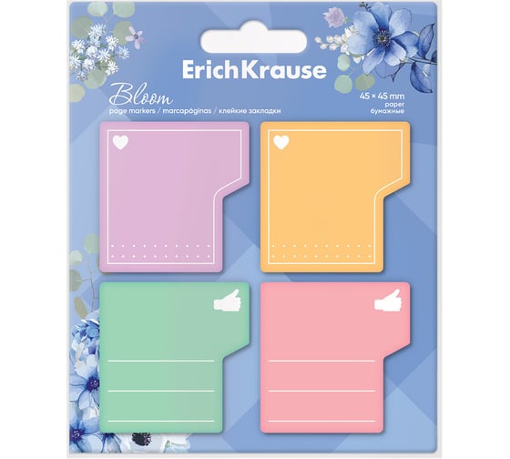 Изображение товара Клейкие закладки бумажные ErichKrause Pastel Bloom, 45x45 мм, 80 листов, 4 цвета 61771