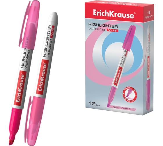 Изображение товара Текстмаркер ErichKrause Visioline V-15 Neon, цвет чернил розовый в коробке по 12 шт 30967
