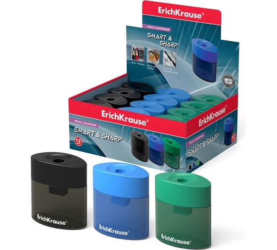 Изображение товара Точилка ErichKrause пластиковая Умная заточка, Классика, с контейнером, ассорти 21833