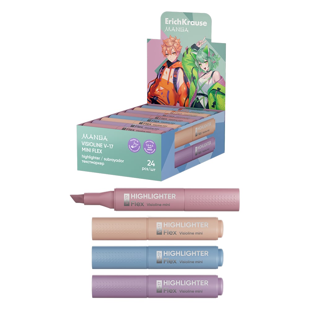 Изображение товара Набор из 4 текстмаркеров ErichKrause Visioline V-17 Mini Flex Manga, с гибким наконечником, цвет чернил ассорти в пэт-боксе 60816