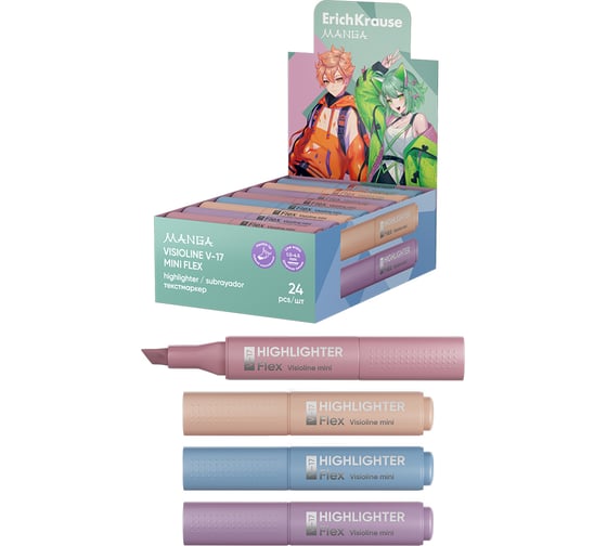 Изображение товара Текстмаркер ErichKrause Visioline V-17 Mini Flex Manga, с гибким наконечником, цвет чернил ассорти в коробке-дисплее по 24 шт 60815