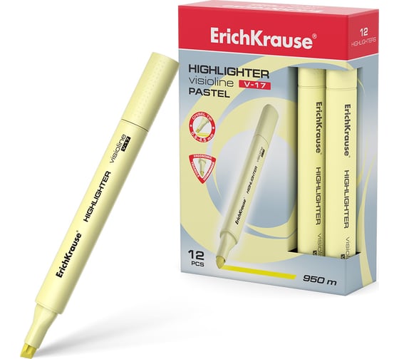 Изображение товара Текстмаркер ErichKrause Visioline V-17 Pastel, цвет чернил желтый в коробке по 12 шт 56019