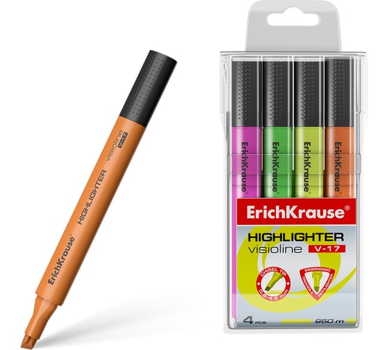 Изображение товара Набор ErichKrause из 4 маркеров для выделения текста VisioLine® V-17 Неон, цвет чернил ассорти 56704