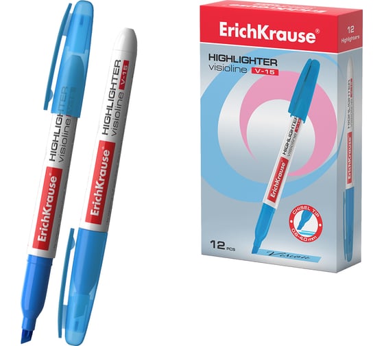 Изображение товара Текстмаркер ErichKrause Visioline V-15 Neon, цвет чернил голубой в коробке по 12 шт 30969
