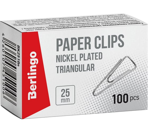 Изображение товара Скрепки Berlingo, 25 мм, 10 упаковок по 100 шт , никелированные, треугольные, с отогнутым носиком, картонная упаковка BK2510n