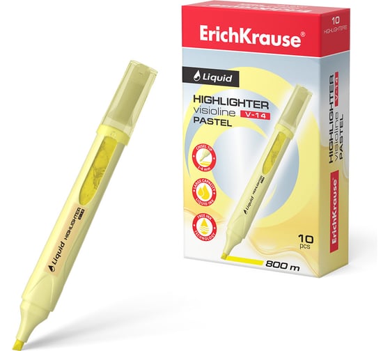 Изображение товара Текстмаркер ErichKrause Visioline с жидкими чернилами V-14 Liquid Pastel, цвет чернил желтый в коробке по 10 шт 56023