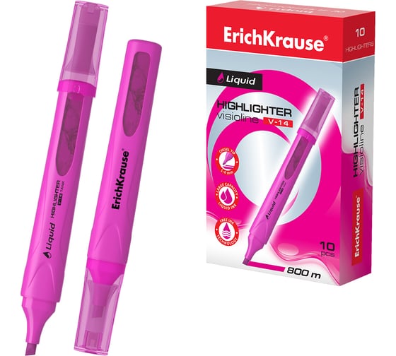 Изображение товара Текстмаркер ErichKrause Visioline с жидкими чернилами V-14 Liquid Neon, цвет чернил розовый в коробке по 10 шт 56029