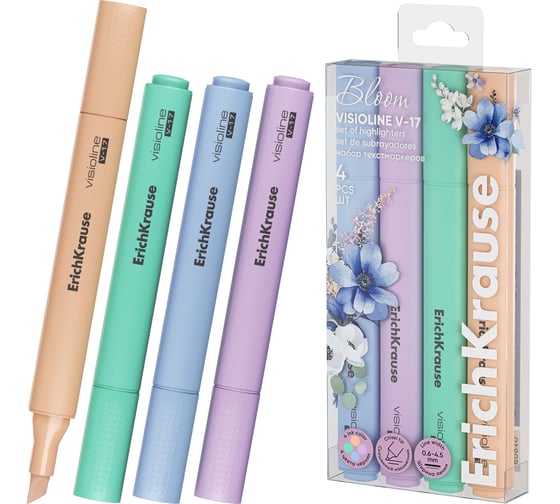 Изображение товара Набор из 4 текстмаркеров ErichKrause Visioline V-17 Pastel Bloom, цвет чернил: зеленый, персиковый, голубой, фиолетовый в пэт-боксе 60810