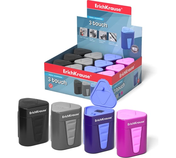 Изображение товара Точилка пластиковая ErichKrause 3-Touch, с контейнером, ассорти в коробке-дисплее по 12 шт 33615