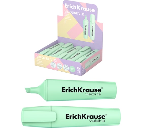 Изображение товара Текстмаркер ErichKrause Visioline V-12 Pastel, цвет чернил зеленый в коробке-дисплее по 10 шт 60804
