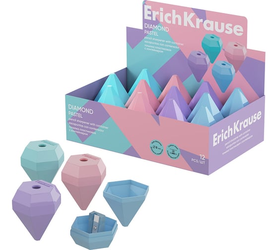 Изображение товара Точилка пластиковая ErichKrause Diamond, Pastel, с контейнером, ассорти в коробке-дисплее по 12 шт 60055
