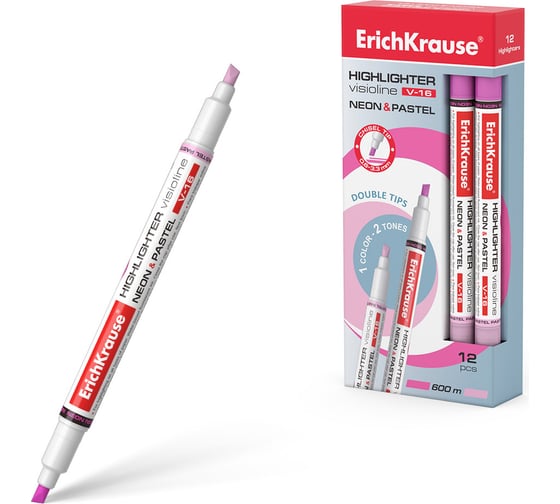Изображение товара Двухсторонний текстмаркер ErichKrause Visioline V-16 Neon+Pastel, цвет чернил розовый в коробке по 12 шт 56017