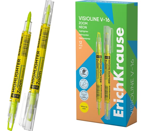 Изображение товара Двухсторонний маркер ErichKrause для выделения текста VisioLine® V-16 Неон, наконечник прозрачный, цвет чернил желтый 60820