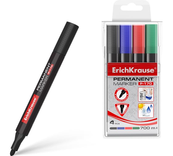 Изображение товара Набор из 4 перманентных маркеров ErichKrause P-170, цвет чернил: черный, синий, красный, зеленый в пвх-воллете 11797