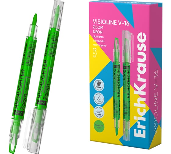 Изображение товара Двухсторонний текстмаркер ErichKrause Visioline V-16 Zoom Neon, цвет чернил зеленый в коробке по 12 шт 60821