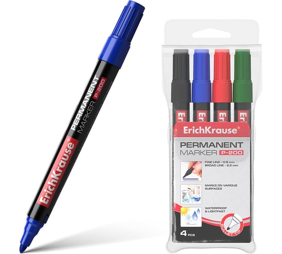 Изображение товара Набор из 4 перманентных маркеров ErichKrause P-200, цвет чернил: черный, синий, красный, зеленый в пвх-воллете 11606