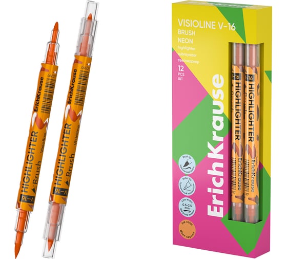 Изображение товара Двухсторонний текстмаркер ErichKrause Visioline V-16 Brush Neon, цвет чернил оранжевый в коробке по 12 шт 60797