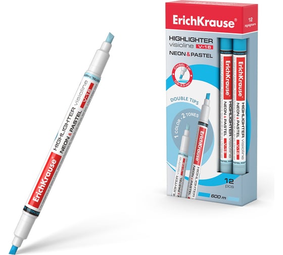 Изображение товара Двухсторонний маркер ErichKrause для выделения текста VisioLine® V-16 Неон и пастель, цвет чернил голубой 56018