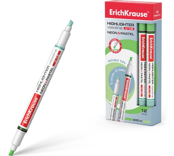 Изображение товара Двухсторонний маркер ErichKrause для выделения текста VisioLine® V-16 Неон и пастель, цвет чернил зеленый 56016