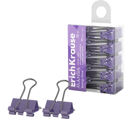 Изображение товара Зажимы для бумаг ErichKrause Energy Save Manga, 19 мм, Lilac в пэт-боксе по 10 шт 62065