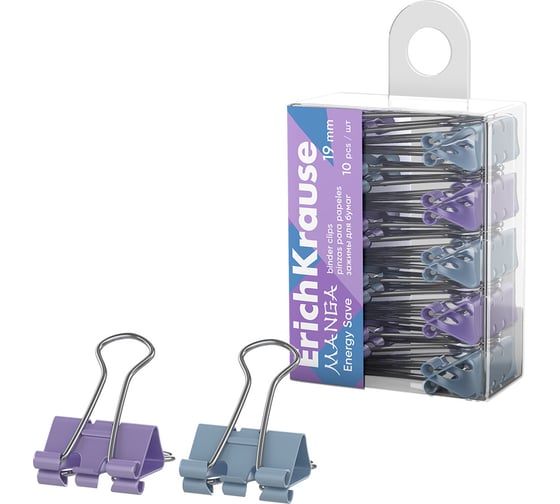 Изображение товара Зажимы для бумаг ErichKrause Energy Save Manga, 19 мм, ассорти в пэт-боксе по 10 шт 62067
