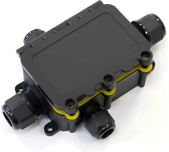 Изображение товара Распределительная коробка с откидной крышкой Промрукав 4-вводная, IP68, ПА66, 40А, 450В, d3,5-12 мм, 131x95x37 PR08.13153