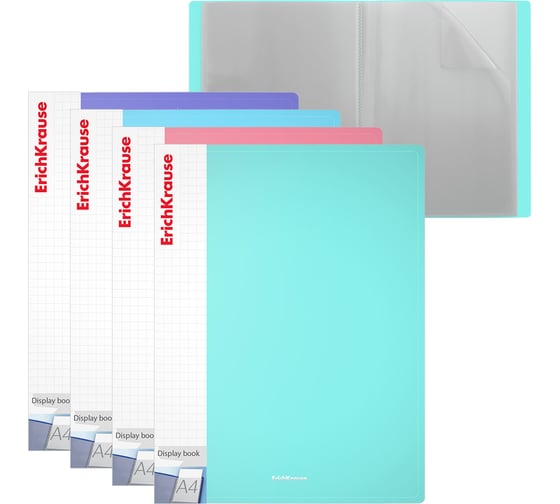 Изображение товара Папка файловая пластиковая ErichKrause с карманом на корешке Diagonal Pastel, c 20 карманами, A4, ассорти, 4 шт 49940