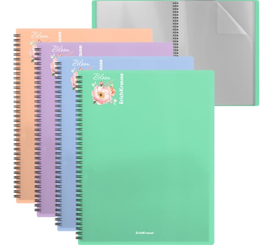 Изображение товара Папка файловая пластиковая ErichKrause на спирали Matt Pastel Bloom, с 40 прозрачными карманами, A4, ассорти, 4 шт 61181