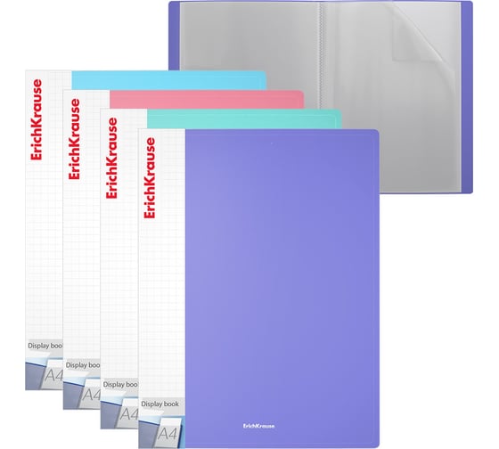 Изображение товара Папка файловая пластиковая ErichKrause с карманом на корешке Diagonal Pastel, c 30 карманами, A4, ассорти, 4 шт 49941