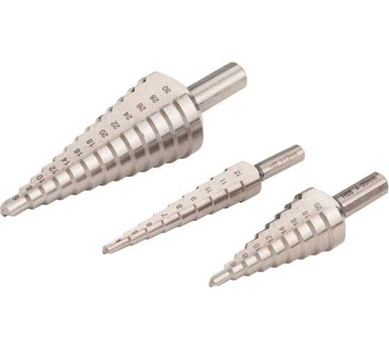 Изображение товара Набор ступенчатых сверл NORGAU 3 шт; (4-12мм; 4-20 мм; 6-30мм) HSS 010505100