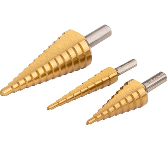 Изображение товара Набор ступенчатых сверл NORGAU 3 шт; (4-12мм; 4-20 мм; 6-30мм) HSS TiN 010505200