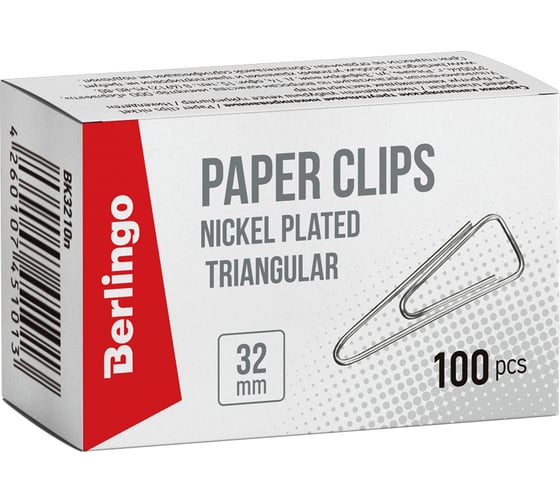 Изображение товара Никелированные треугольные скрепки BERLINGO 32 мм, 100 шт, с отогнутым носиком, картонная упаковка BK3210n